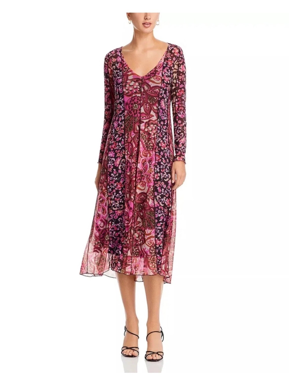 Johnny Was Agatha Mesh Paneled Midi Dress Long Sleeve Size Small S